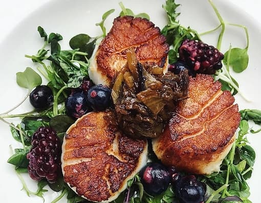 Seared scallops | watercress | blackberries | caramelized onions