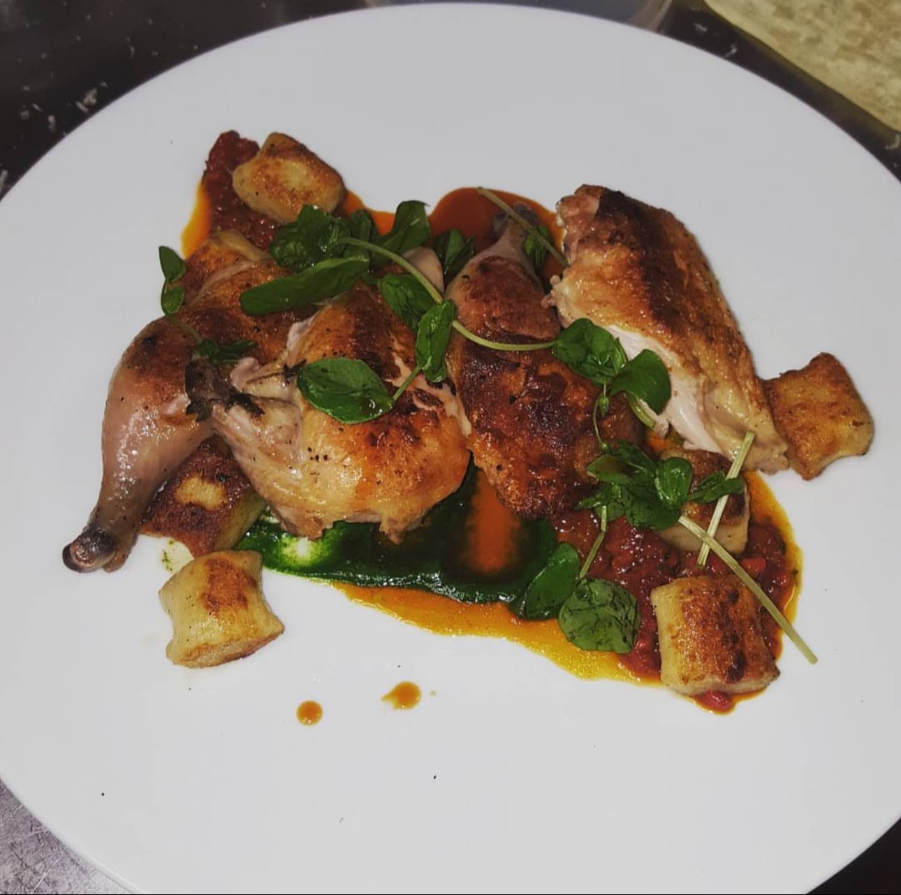 Roasted chicken | crispy gnocchi | fresh basil | tomato ragout