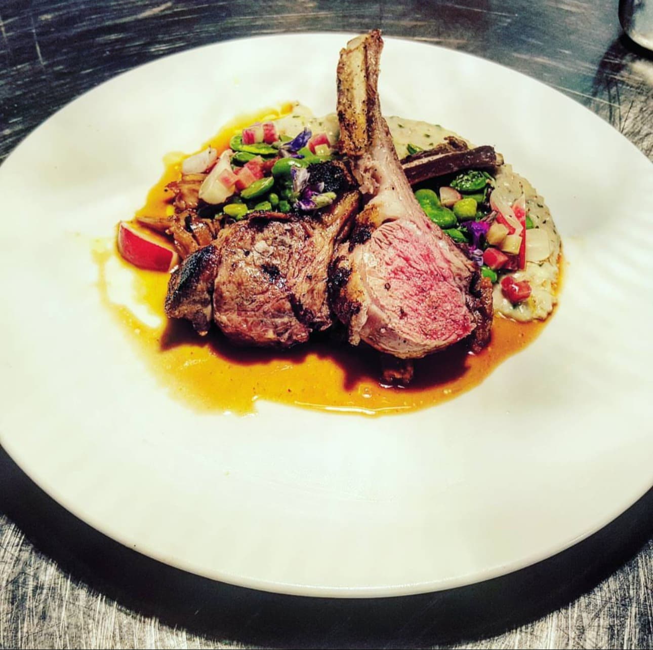 Grilled lamb chops | spring vegetables | apple relish | jus